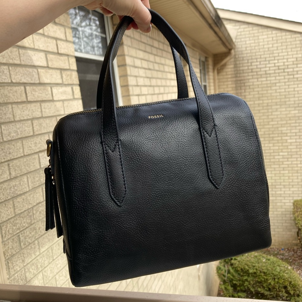 Fossil Sydney Satchel Black Pebbled Leather Hand Bag Cross Body Bag Purse NEW - Picture 3 of 17